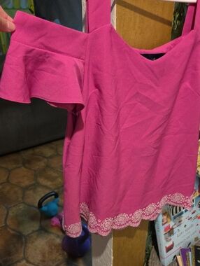 Blue Rain Hot Pink Off-Shoulder Embroidered Hem Tunic